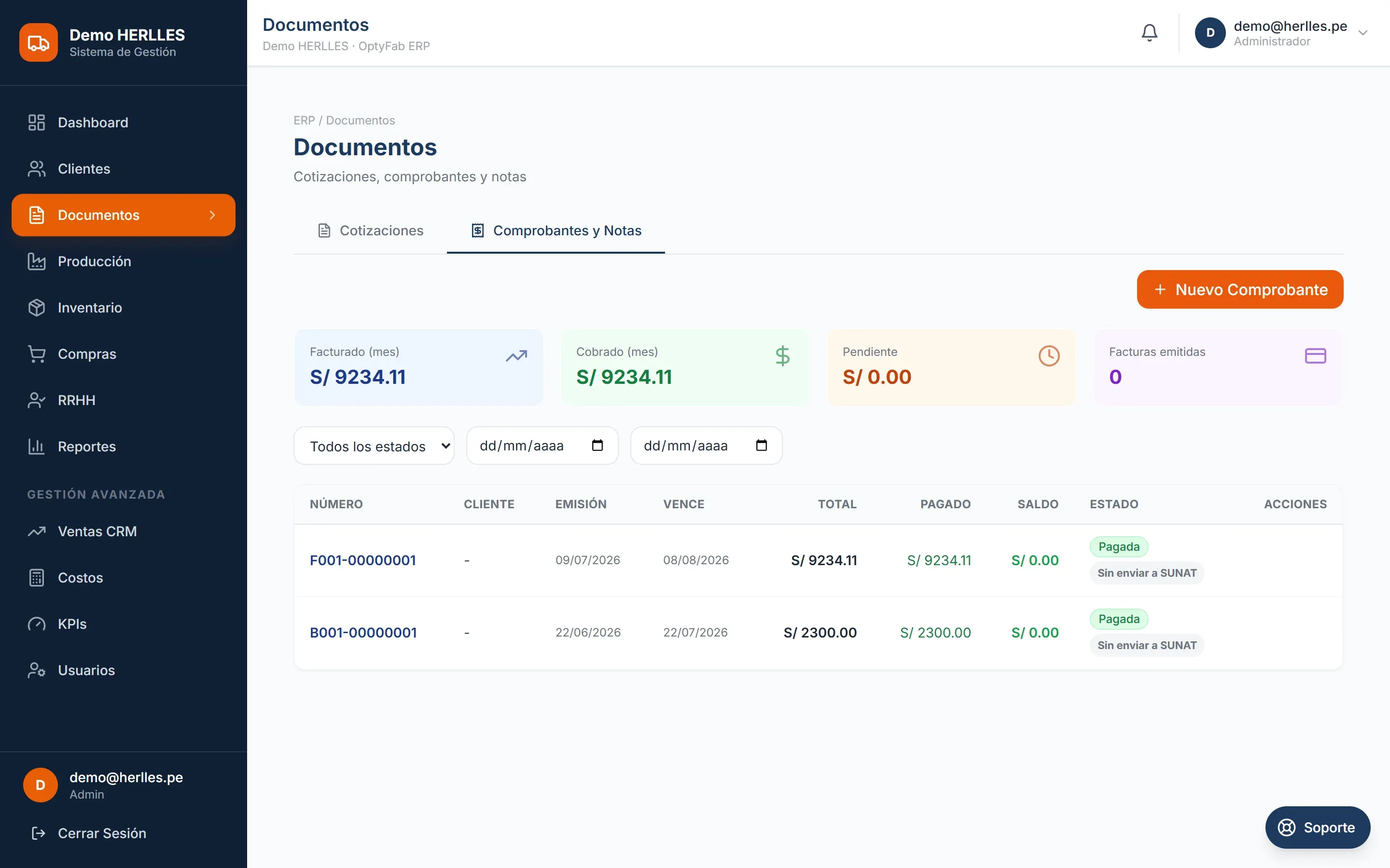 Módulo de comprobantes electrónicos de OptyFab ERP
