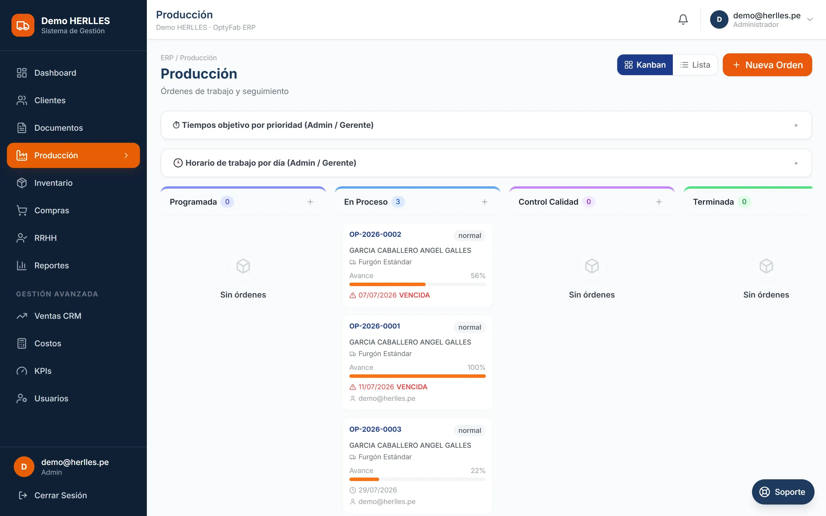 Tablero Kanban de órdenes de producción en OptyFab ERP